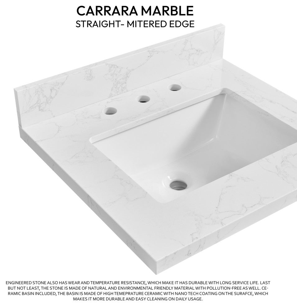 Jaen Composite Stone Vanity Top With Ceramic Sink, Grain White, 25"