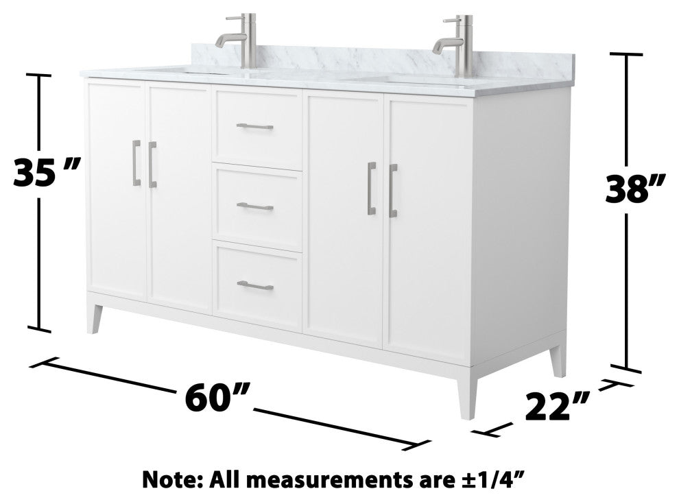 Elan 60" Double Vanity, White, White Carrara Marble Top, Nickel Trim