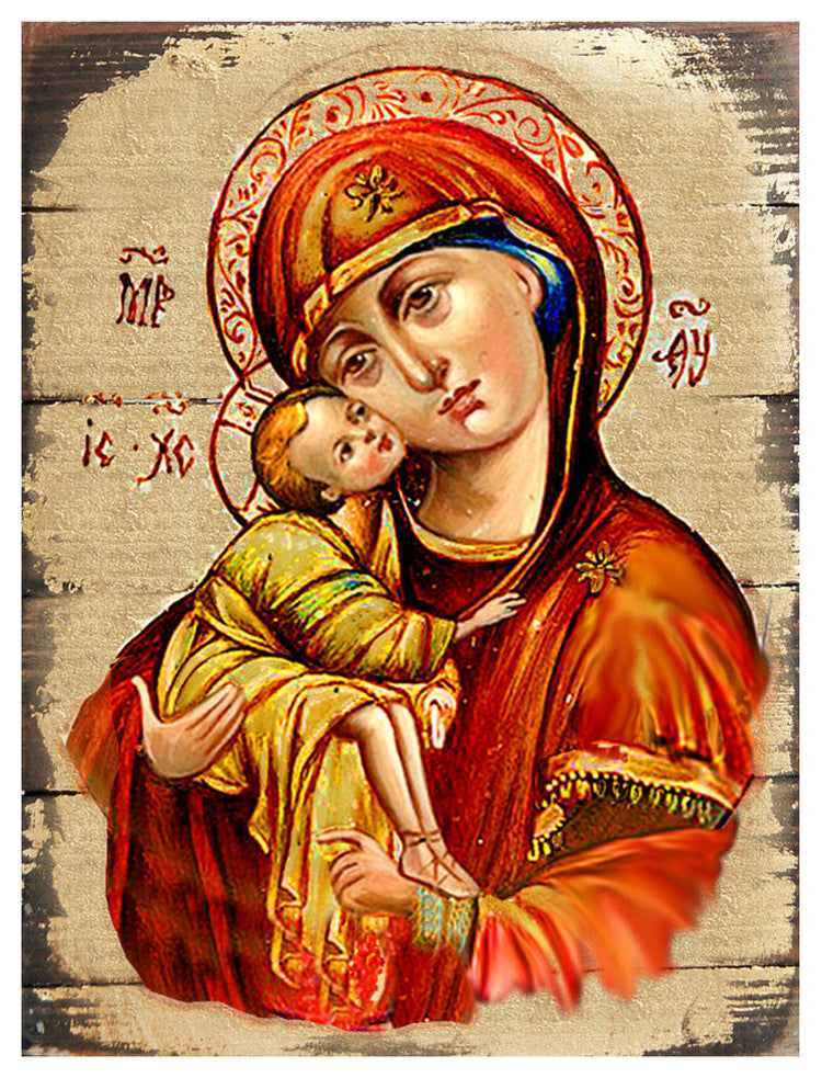 Icon Vladimir Virgin Mary Wall Art On Wood, 16 Inch