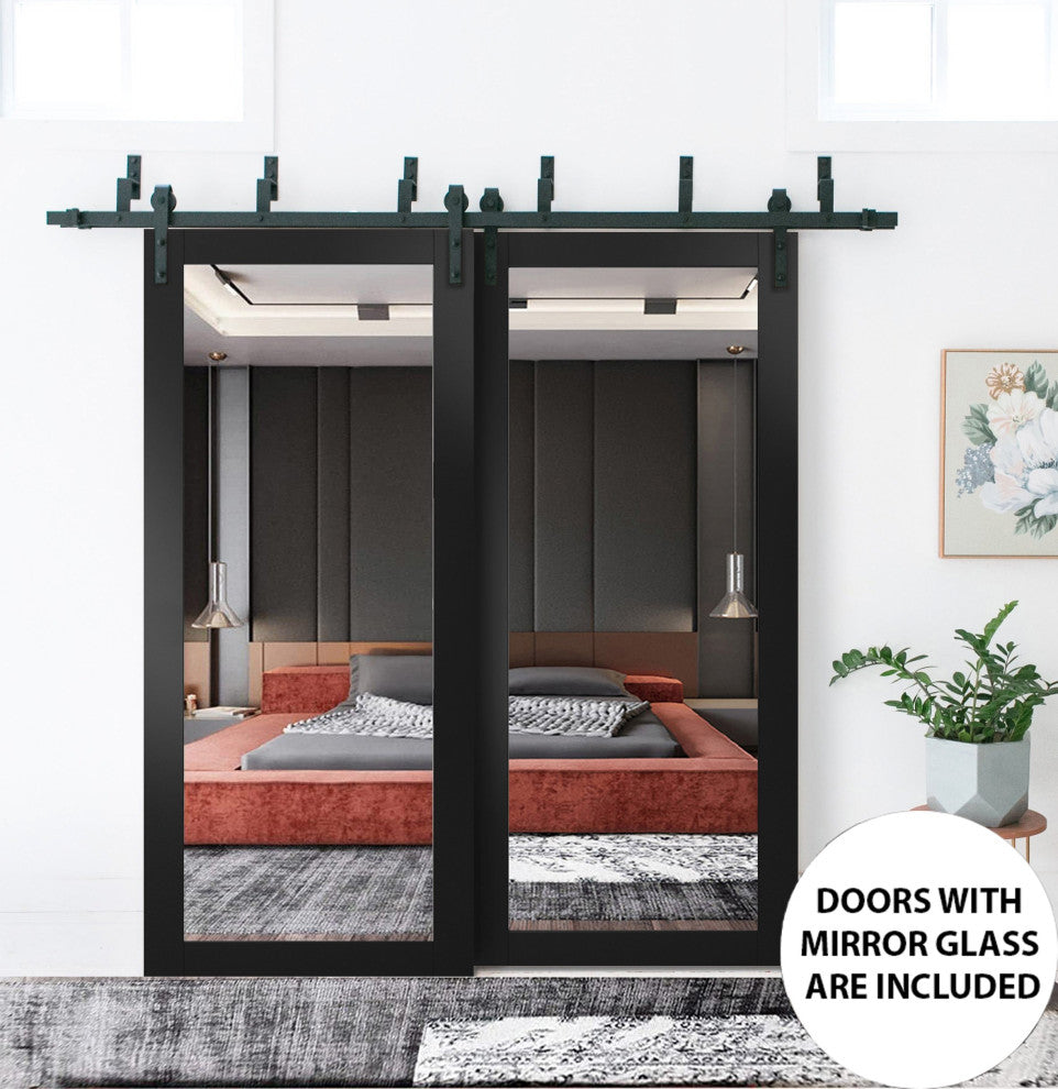 Barn Bypass Doors 48 x 96, Lucia 1299 Matte Black & Mirror, 6.6' Rail