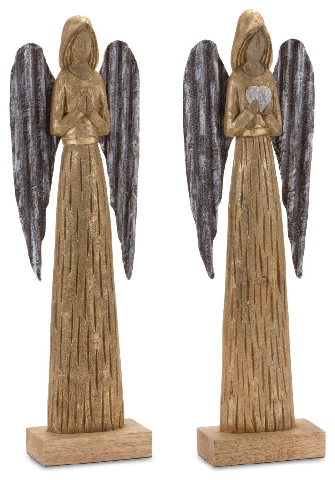 Carved Wood Angel Statue, Set of 2