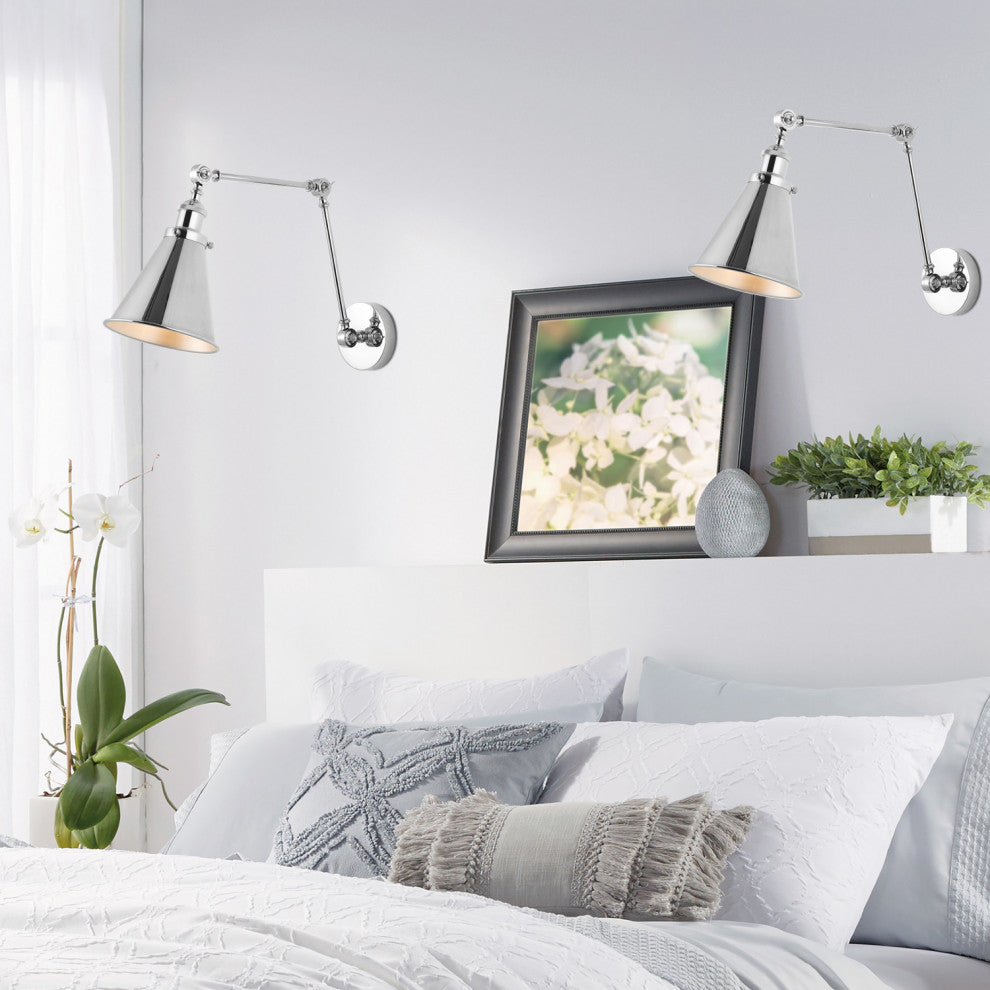 Rover Adjustable Classic Glam Arm Metal LED Wall Sconce, Chrome, Set of 2