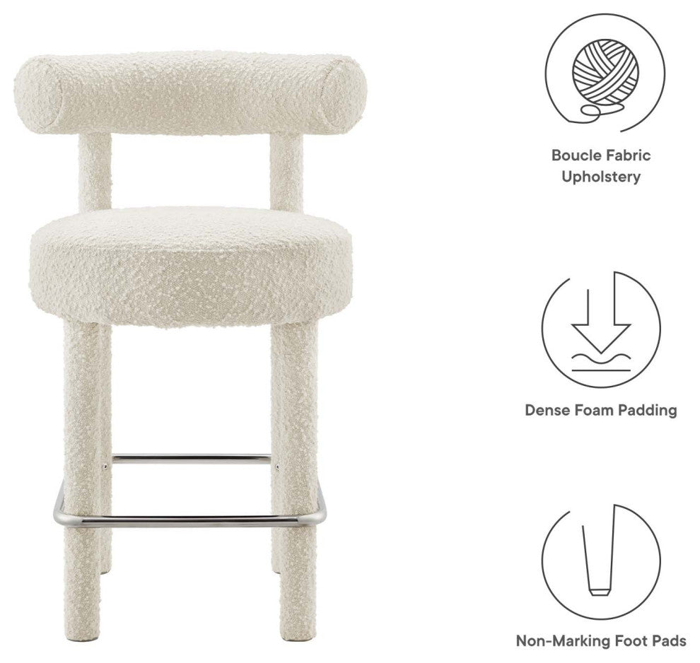 Toulouse Boucle Fabric Counter Stool - Set of 2 - Ivory Silver
