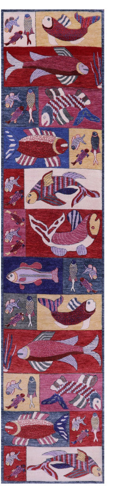 Runner Gabbeh Fish Design Hand-Knotted Wool Rug 3' 0" X 13' 9" - Q15789