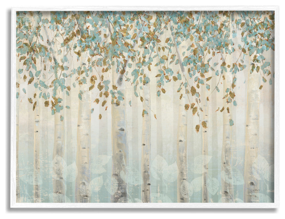 Abstract Forest Leaves Trees Blue Tan Soft Painting, 14 x 11