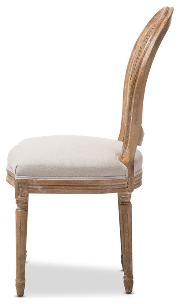 Adelia Oak Finish Wood and Beige Fabric Dining Chair With Round Cane Back