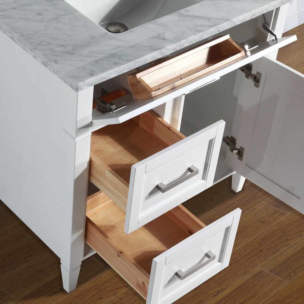 Vanity Set With Carrara Marble Top, 36", White, Standard Mirror