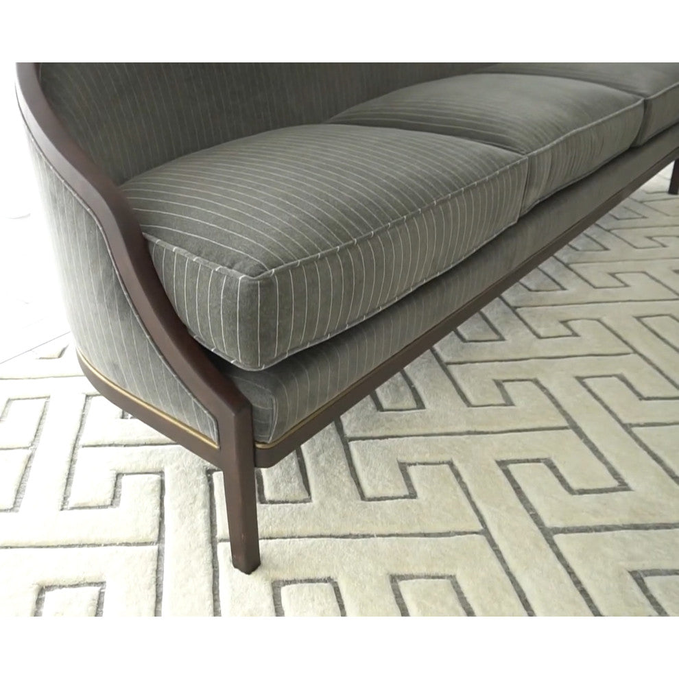 Elegant Pinstripe Gray 3 Seat Sofa Exposed Wood Velvet Curved Back Contemporary