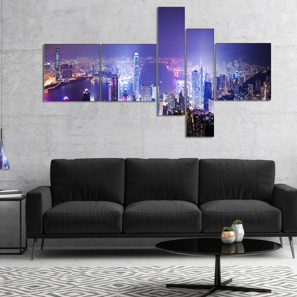 Hong Kong Night City, Cityscape Photo Canvas Art Print, 60"x32", 5 panels