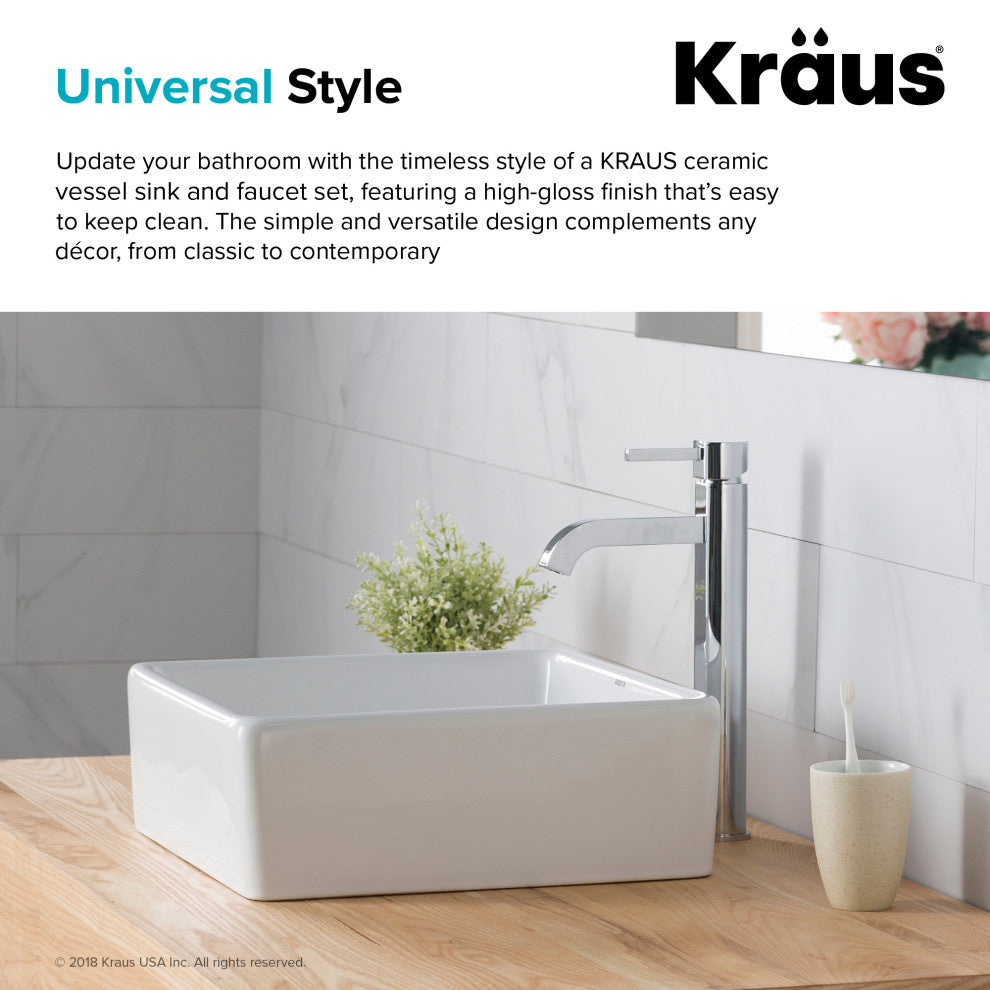 Elavo Square Ceramic Vessel Sink, Bathroom Ramus Faucet, PU Drain, Chrome