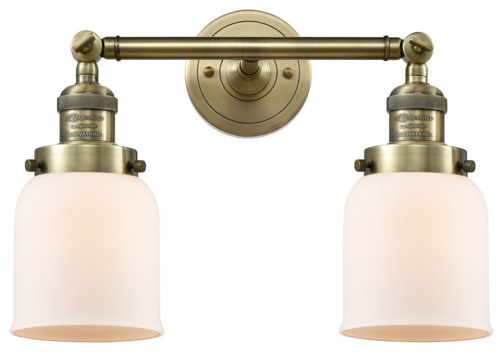 2-Light Small Bell 16" Bath Fixture, Antique Brass, Glass: White Cased