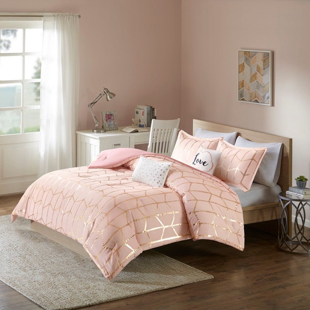 Intelligent Design Raina Metallic Printed Comforter Set, Blush/Gold
