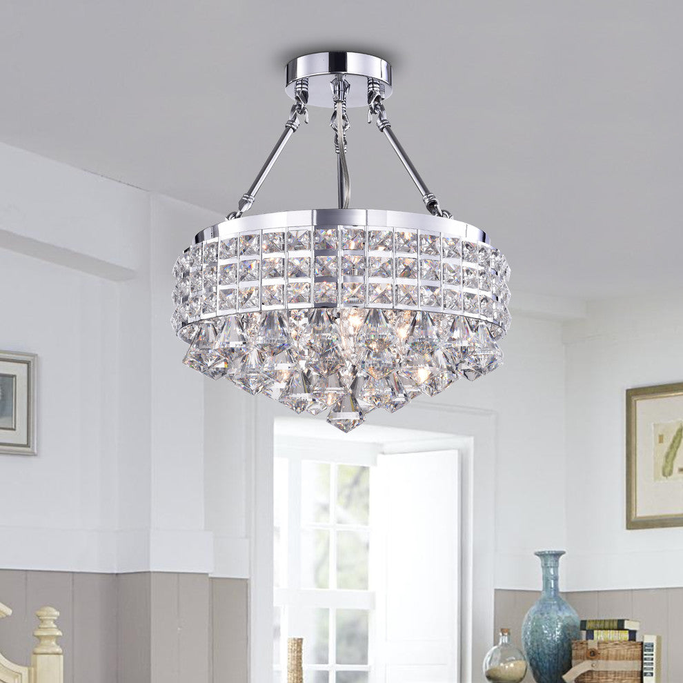 4-Light Chrome Semi Flush Mount Beaded Drum Crystal Chandelier Glam