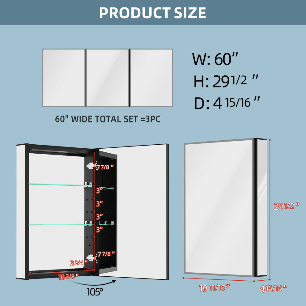 60'' W 30'' H Recessed Frameless Medicine Cabinet Mirror 9 Adjustable