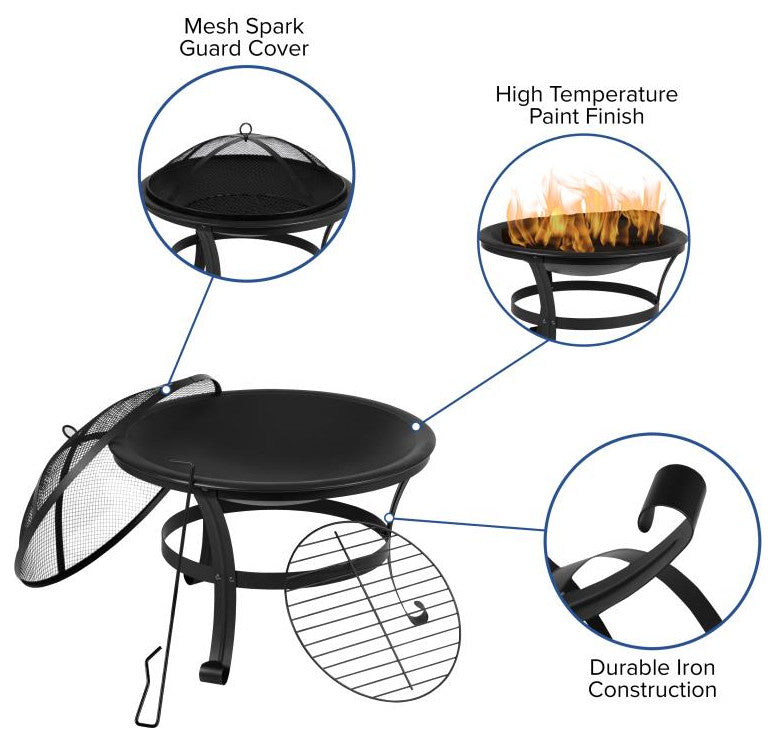 Savannah Set of 4 Outdoor Rocking Adirondack Chairs w/ 22" Round Fire Pit, Black