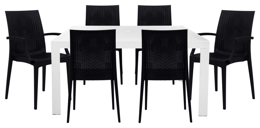 LeisureMod Mace 7-Piece Dining Set with 4 Side Chairs 2 Arm Chairs, White/Black