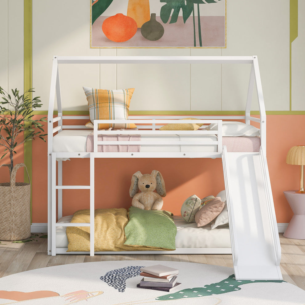 Gewnee Metal Twin Over Twin Bunk Bed House Bed with Slide in White