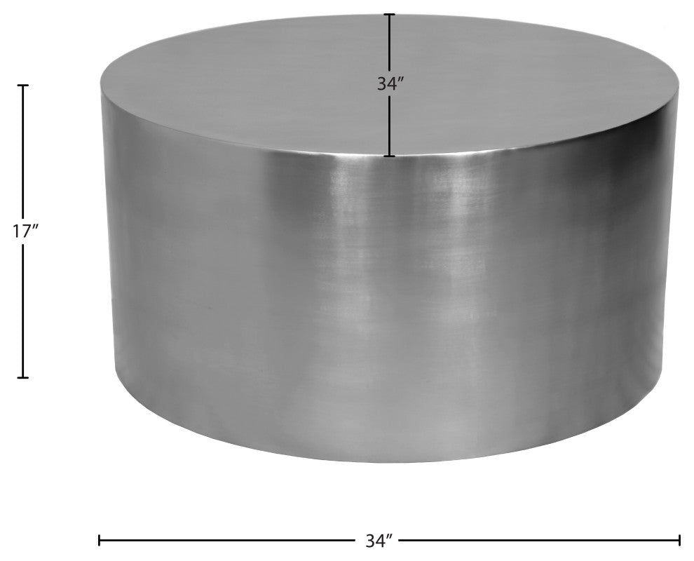 Cylinder Round Durable Metal Coffee Table, Brushed Chrome