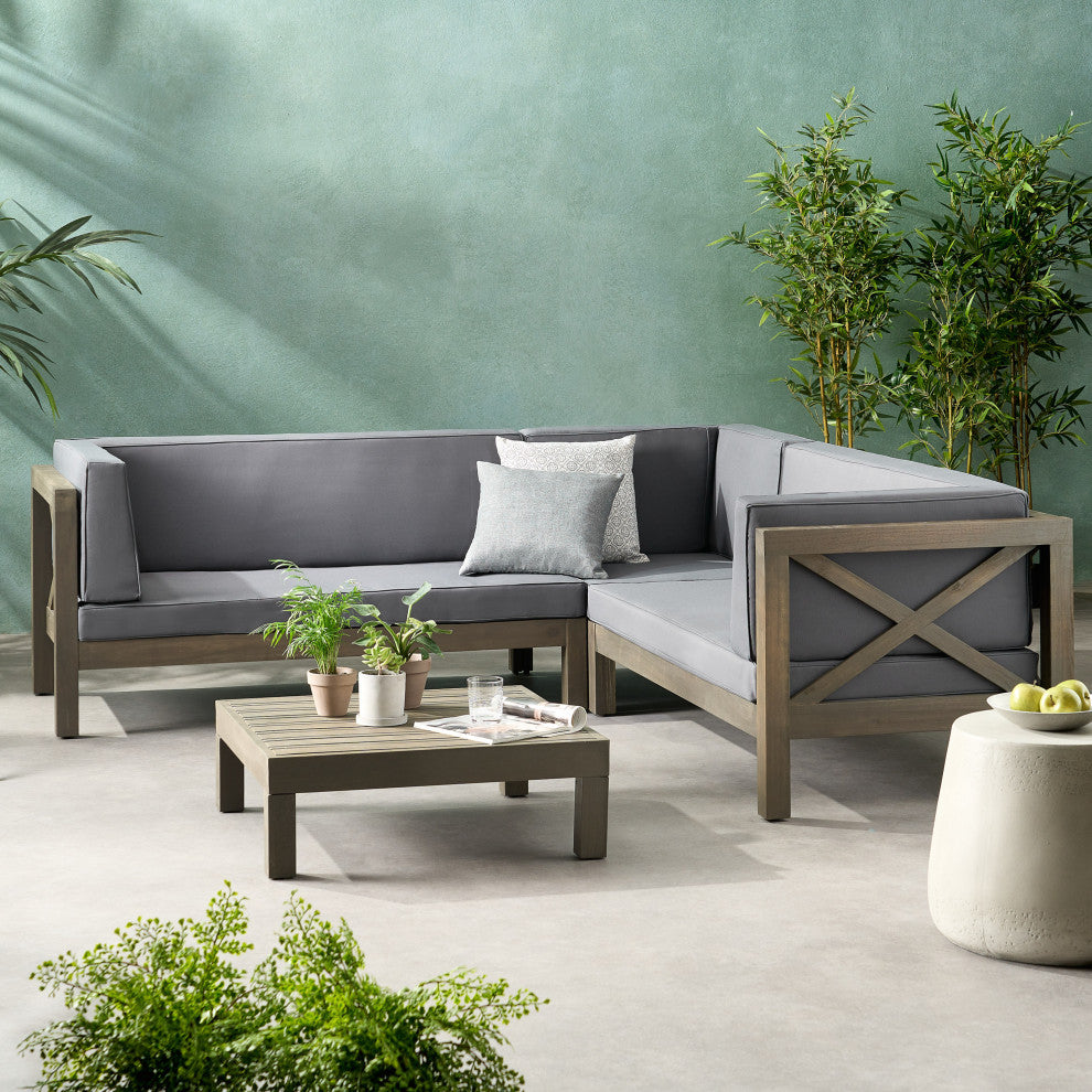 GDF Studio Brava Outdoor 4 Piece V-Shaped Acacia Wood Sectional Sofa Set, Dark Gray