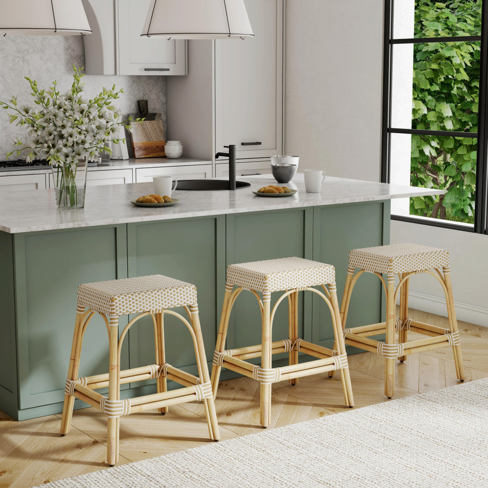 Robias Rectangular Rattan 24.5" Counter Stool, Tan/Beige
