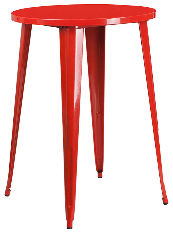 30" Round Red Metal Bar 5-Piece Table Set With 4 Square Seat Backless Stools