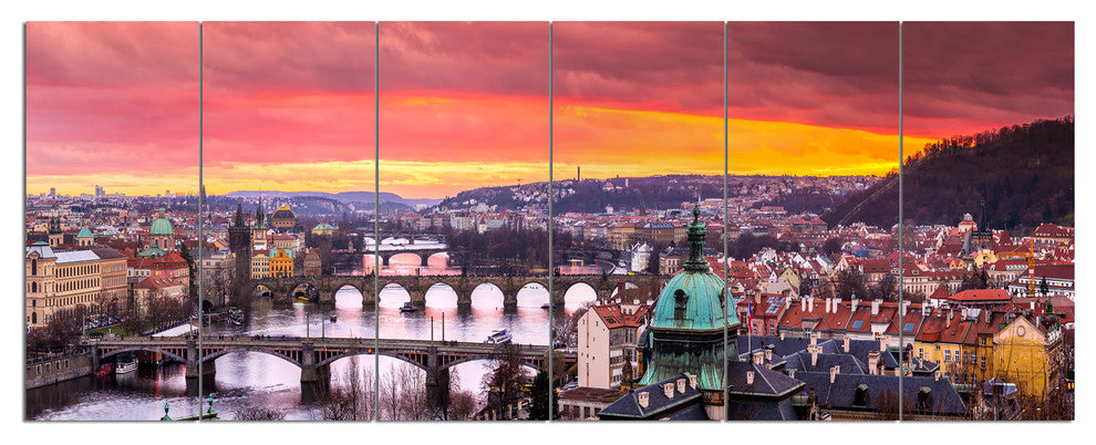 Bridges in Prague Panorama, Landscape Canvas Art Print, 70"x28", 6 Panels