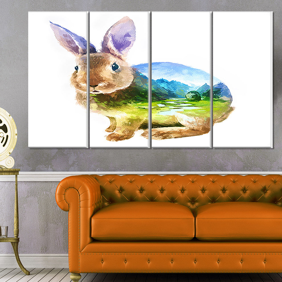 Rabbit Double Exposure Illustration, Animal Canvas Print, 48"x28", 4 Panels