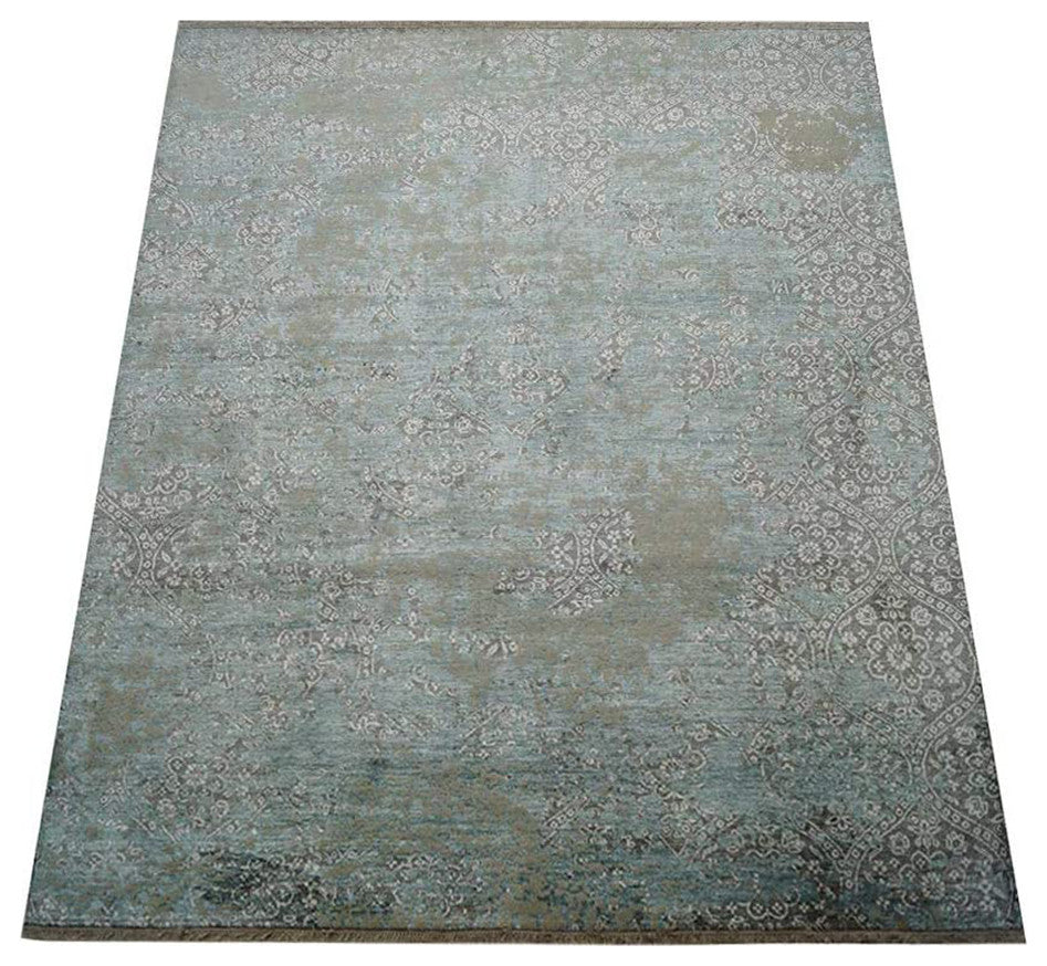 HAND KNOTTED LOOM SILK ECO-FRIENDLY AREA RUGS-Rectangle,Light Blue,Geometric