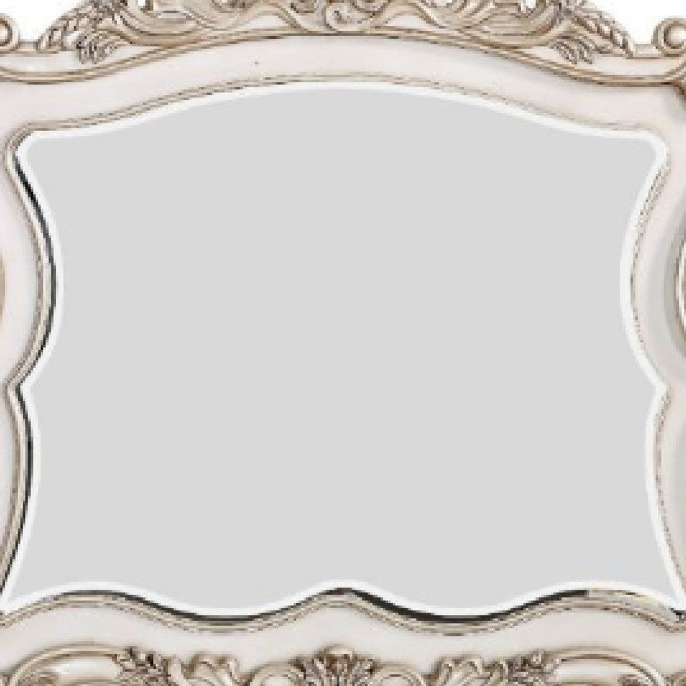 Benzara BM275074 Wood Mirror, Scalloped, Scroll Ornate Trim, Antique White