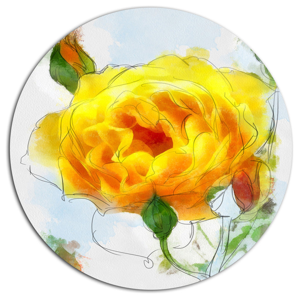Yellow Rose With Rose Buds Sketch, Floral Round Wall Art, 11"