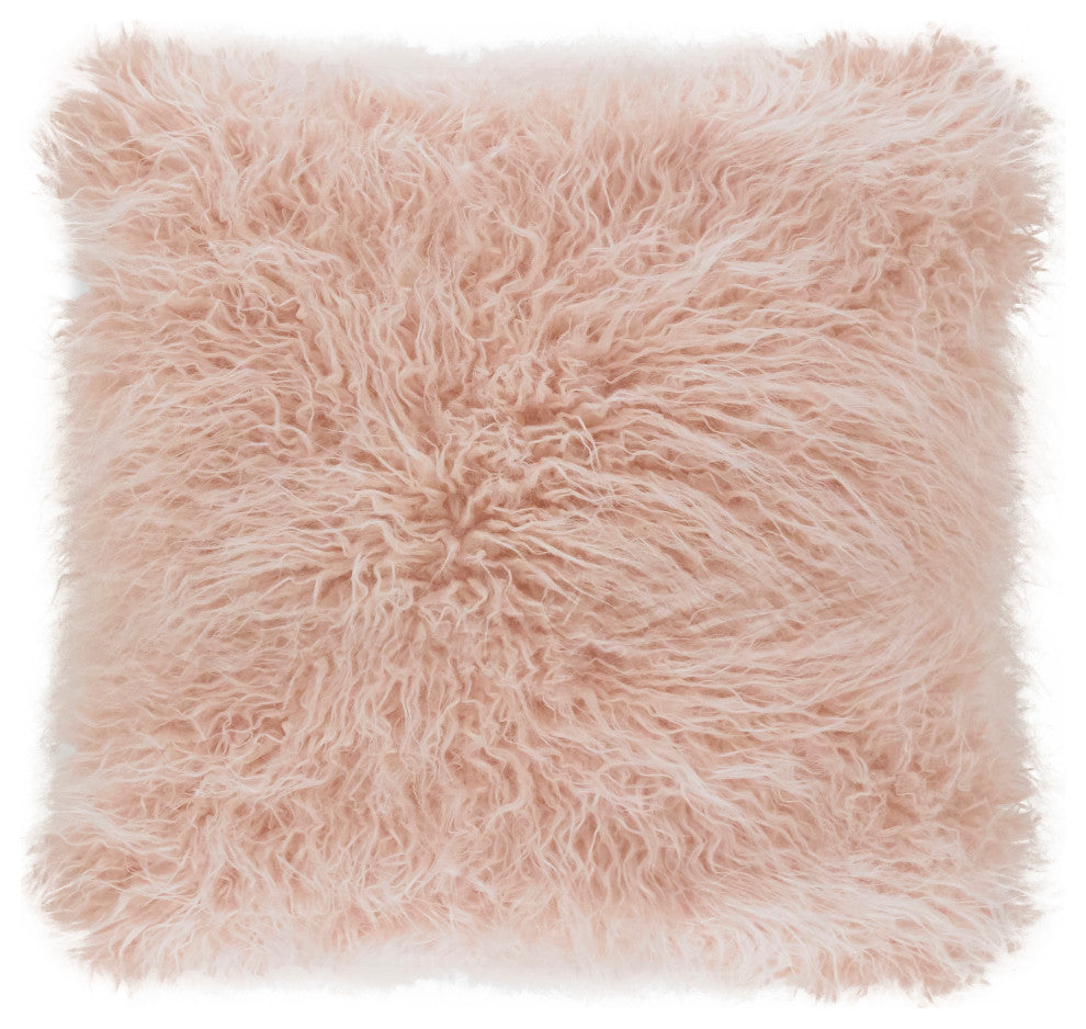 Poly Filled Mongolian Faux Fur Throw Pillow, 22"x22", Rose