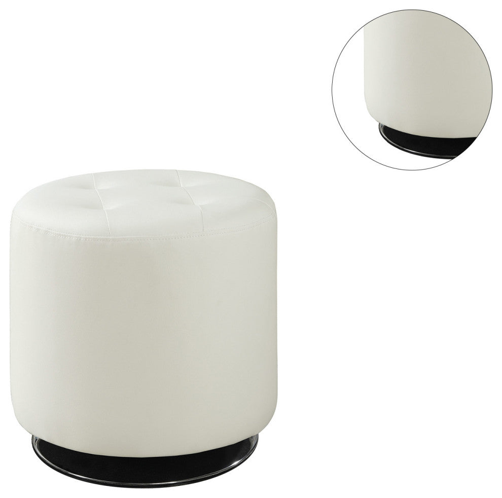 Round Leatherette Upholstered Ottoman, White