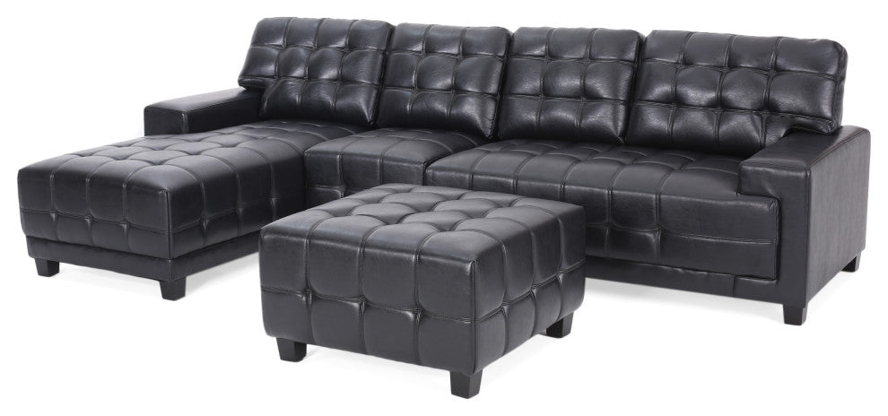 Littell Faux Leather 4 Seater Sofa, Chaise Sectional, Ottoman, Midnight + Dark B