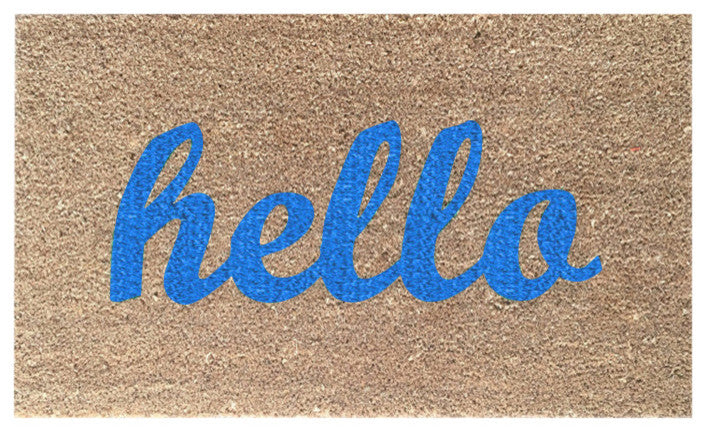 Hand Painted "Hello" Script Welcome Mat, Sophie Sky Blue