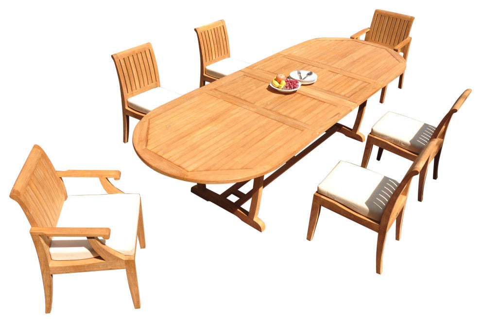 7-Piece Outdoor Patio Teak Dining Set: 117" Masc Oval Extn Table, 6 Lagos Chairs