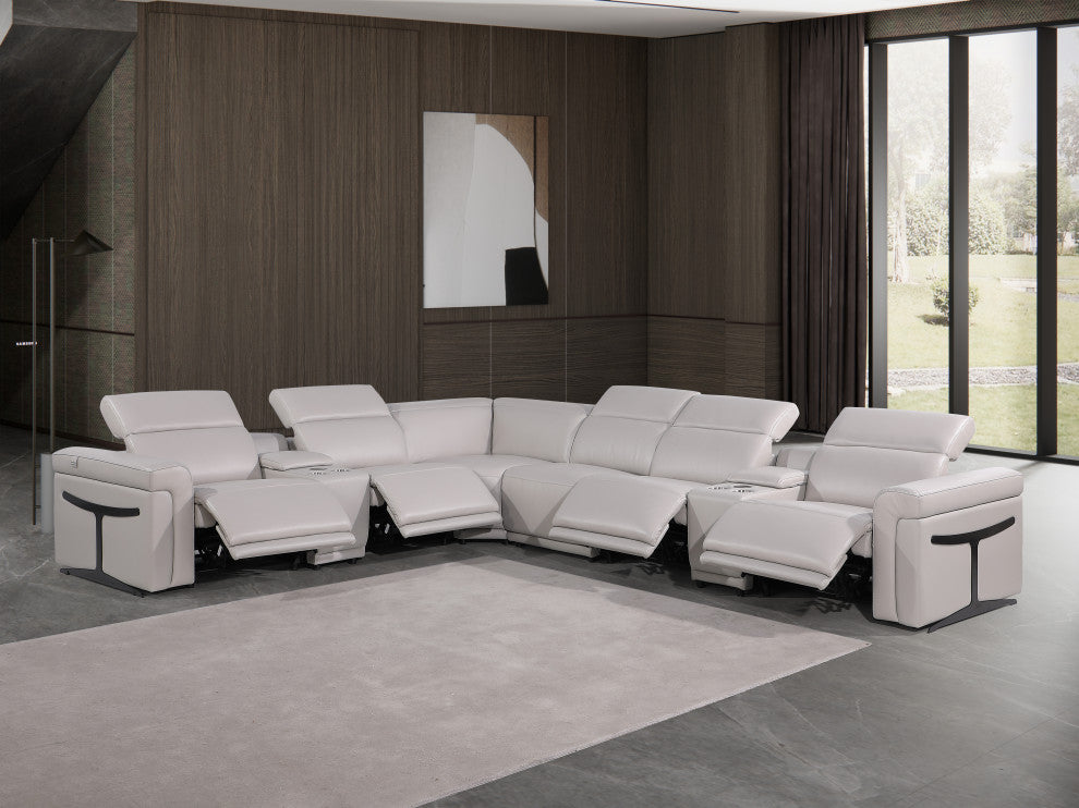 Giovanni 8-Piece 4-Power Reclining Italian Leather Sectional, Light Gray