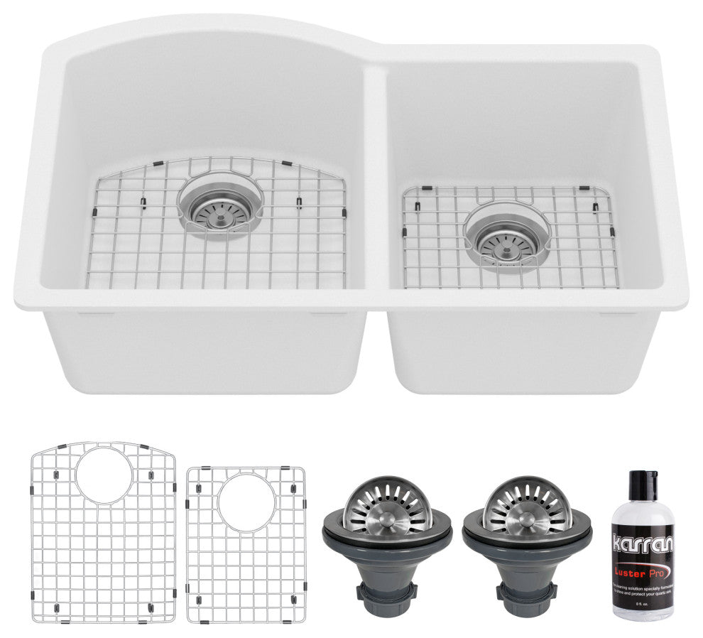 Karran Undermount Quartz 32" 60/40 Double Bowl Kitchen Sink Kit, White