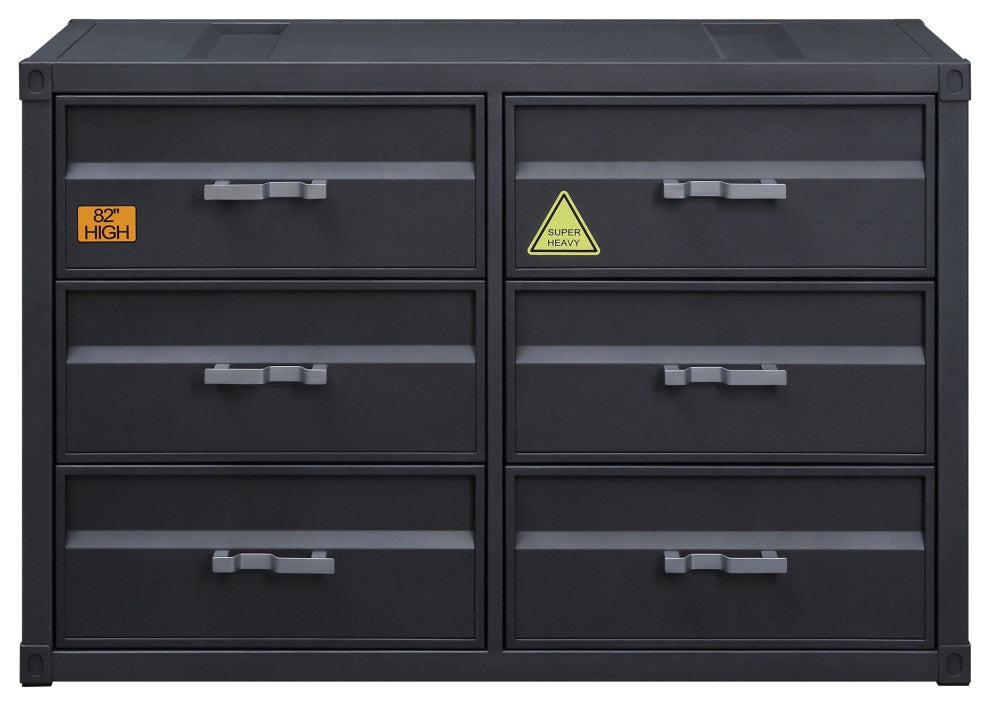 Industrial Double Dresser, Cargo Design With 6 Storage Drawers, Gunmetal Finish