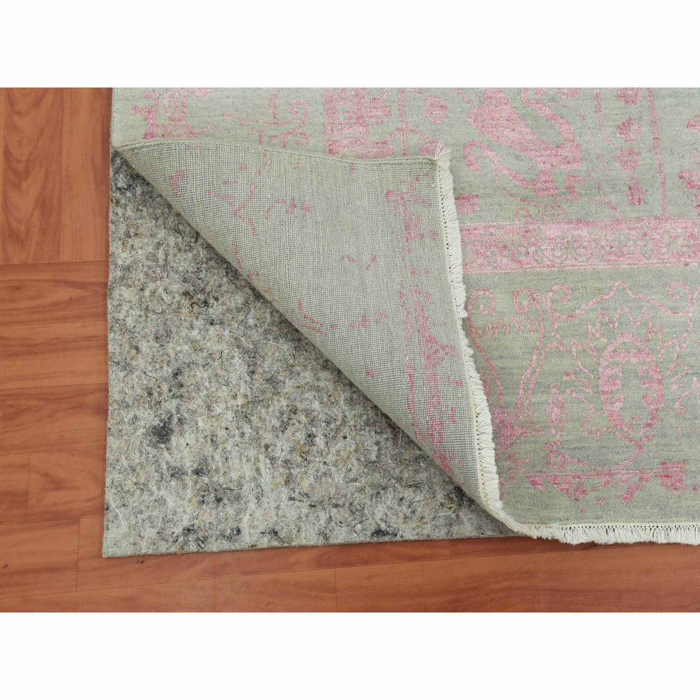 Sage Gray Broken Erased Persian Design Wool and Silk Hand Knotted Rug, 9'x11'10"