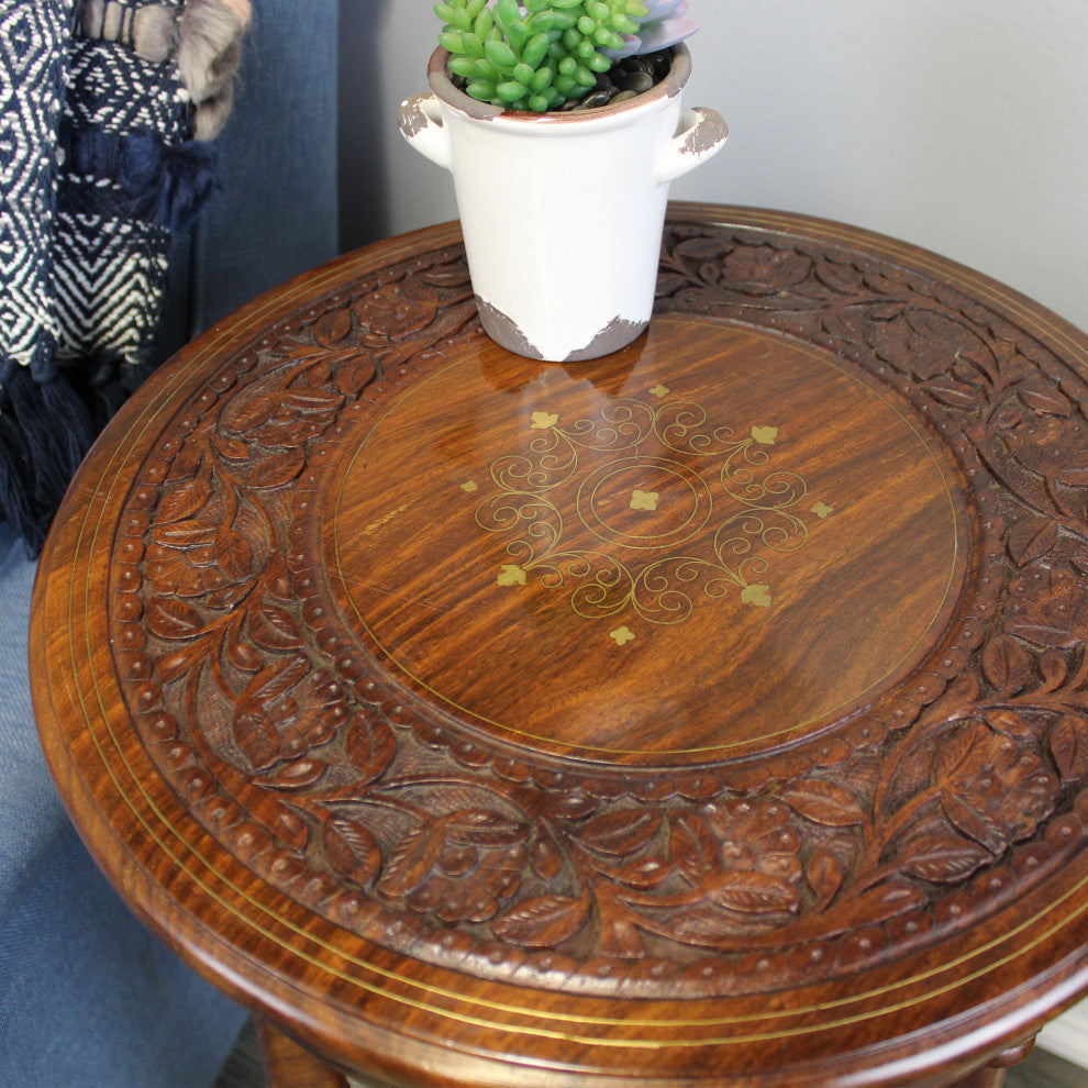 Natural Geo Decorative Wooden Carved Accent Table
