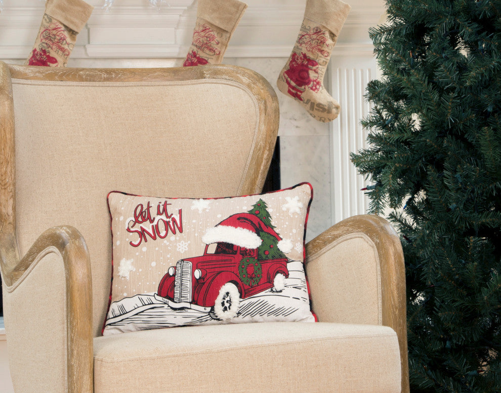Let It Snow Christmas Car Pillow Embroidered WithSofty Tufted Snow, 13"x18"