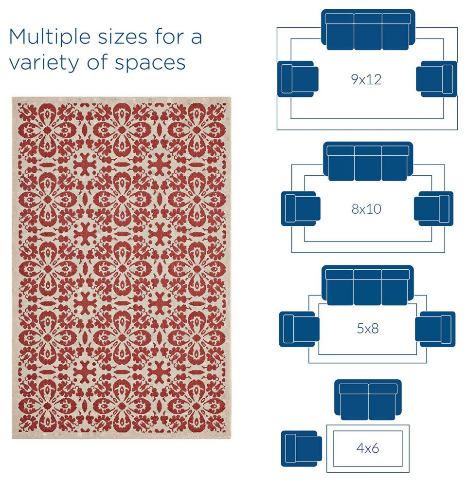 Ariana Vintage Floral Trellis 9x12 Indoor and Outdoor Area Rug, Red and Beige