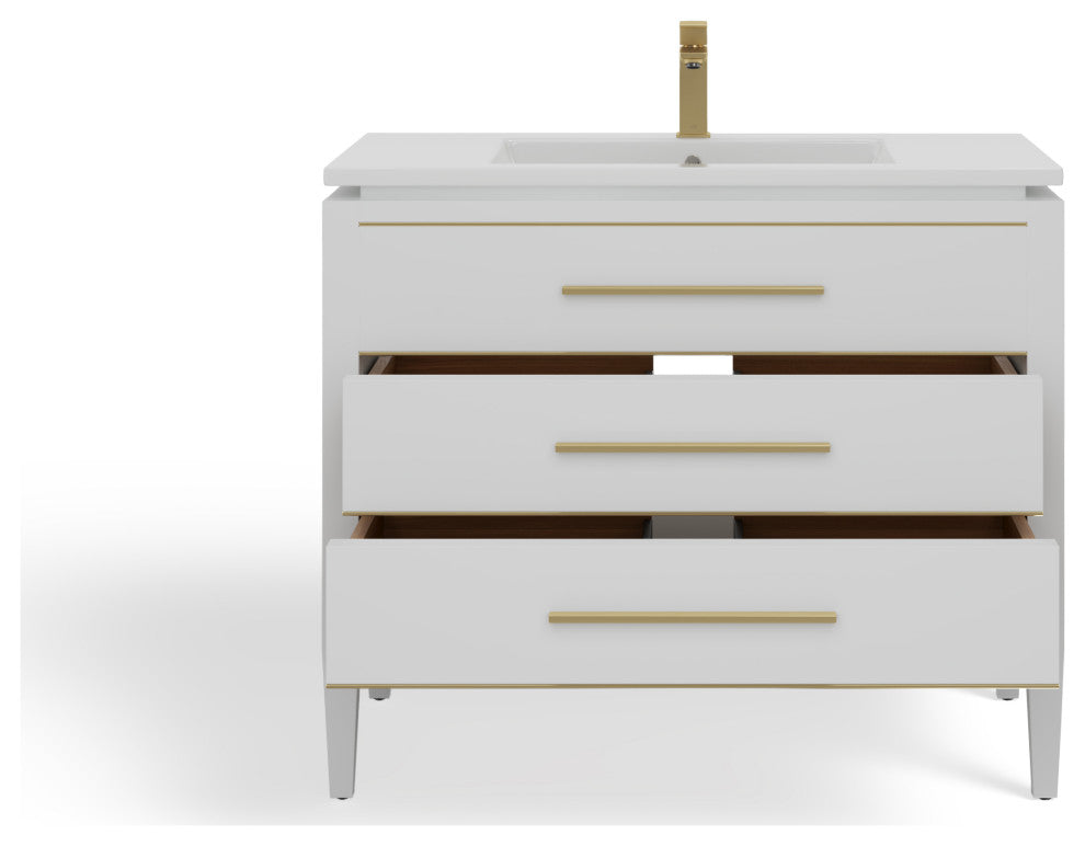 Celios Bathroom Vanity, White With Brass Trim, 36", Single Sink, Freestanding
