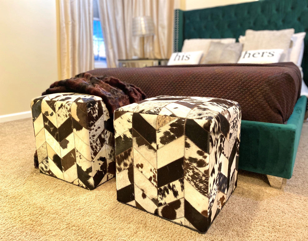 Decor Maisonette Geometric Hide Pouf Levi, Black, 18"