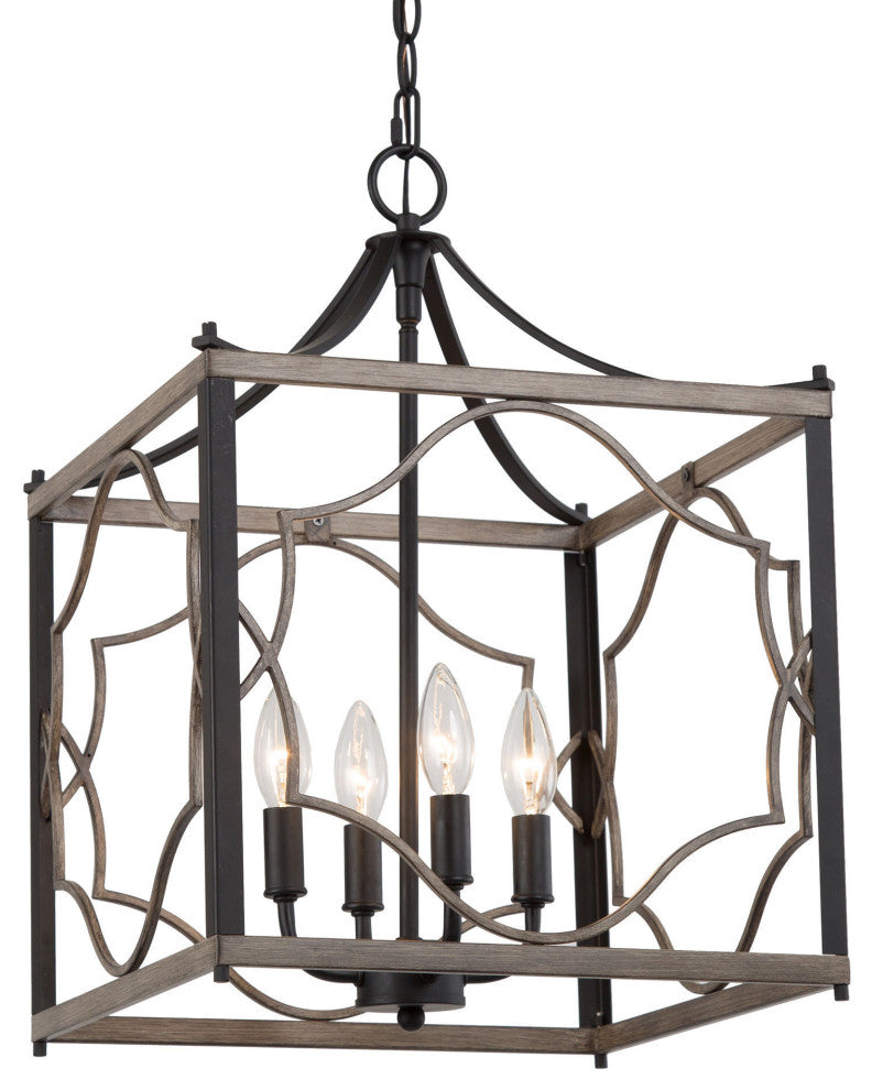 LNC Farmhouse 4-Light Sqaure Black Chandelier With Wood Accent