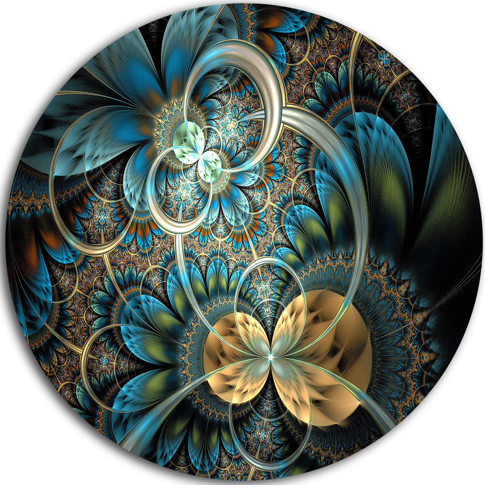 Symmetrical Blue Gold Fractal Flower, Digital Disc Metal Wall Art, 11"