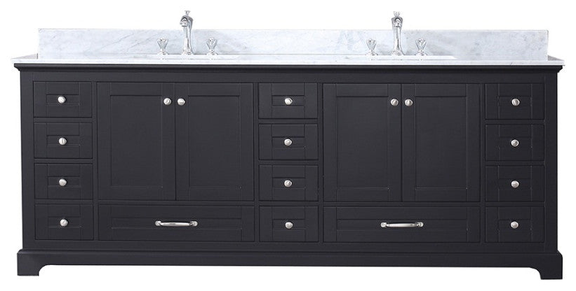 84" Espresso Double Vanity, White Carrara Marble Top, White Sinks, No Mirror