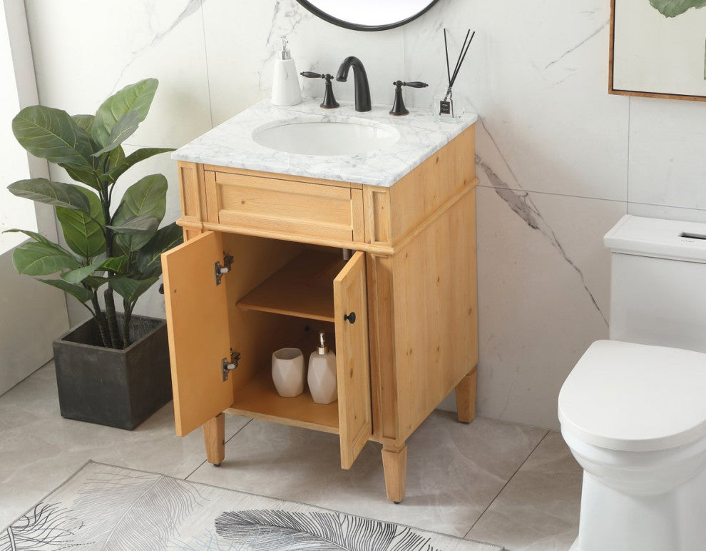 Home Living Vanity with Carrara White Marble Countertop, Natural Wood, 24", Single Sink