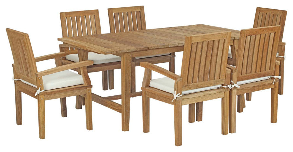 Marina 7 Piece Outdoor Patio Teak Outdoor Dining Set, Natural White