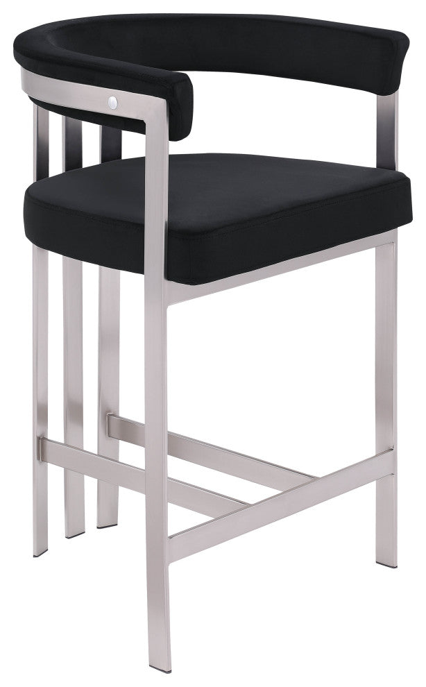 Marcello Upholstered Counter Stool, Black, Velvet, Brushed Chrome